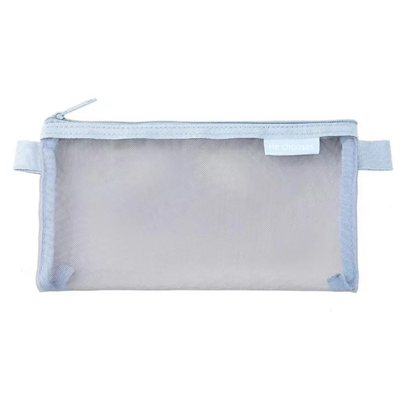 HE CHOOSES D033 Nylon Mesh Pencil Case Stationery Bag School Supplies, Size S - Grey Blue
