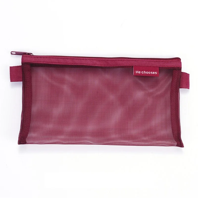 HE CHOOSES D033 Nylon Mesh Pencil Case Stationery Bag School Supplies, Size S - Wine Red