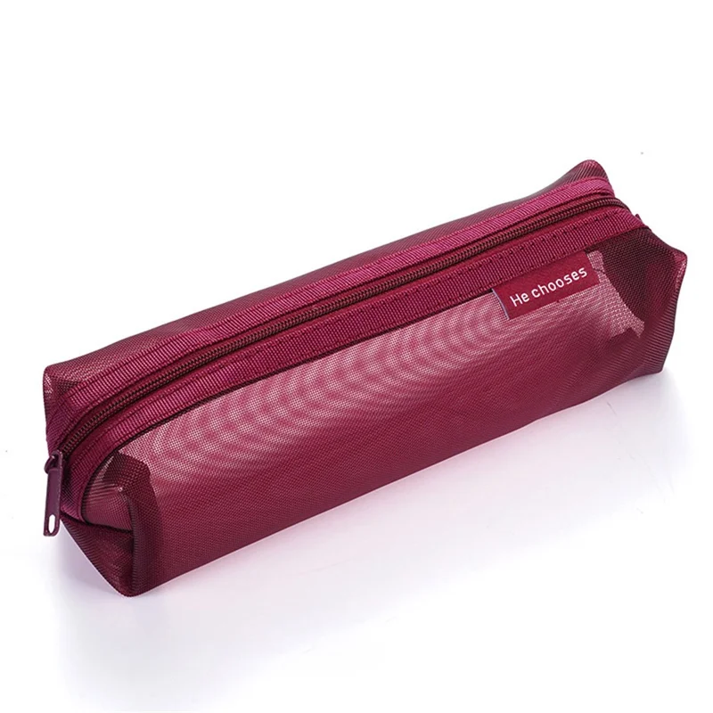 HE CHOOSES D037 Large Square Mesh Pencil Bag Nylon Stationery Storage Bag - Red