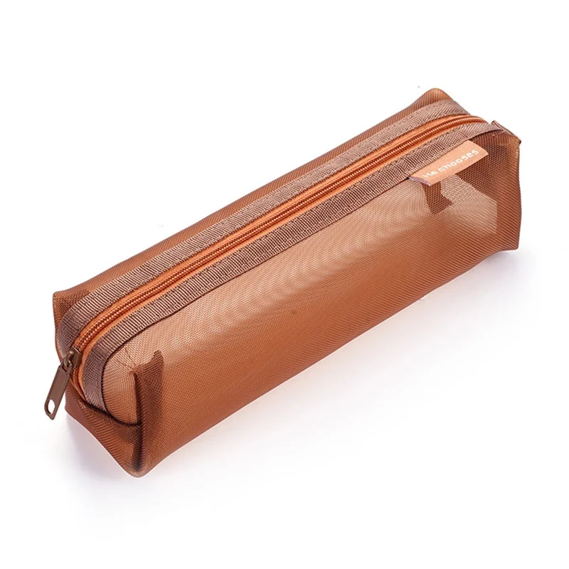 HE CHOOSES D037 Large Square Mesh Pencil Bag Nylon Stationery Storage Bag - Caramel Brown