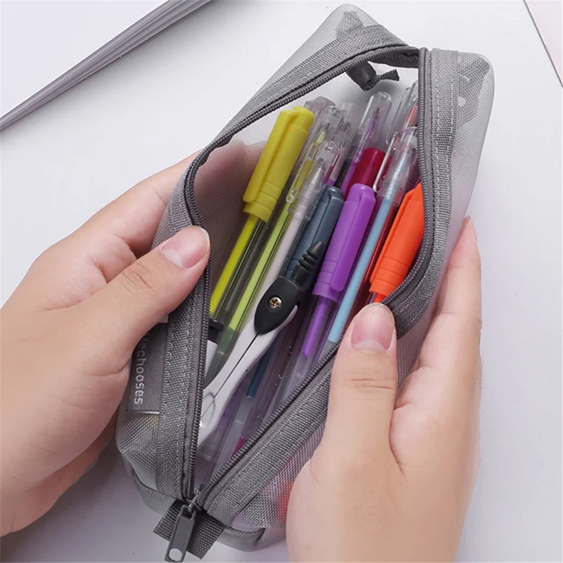 HE CHOOSES D037 Large Square Mesh Pencil Bag Nylon Stationery Storage Bag - Caramel Brown