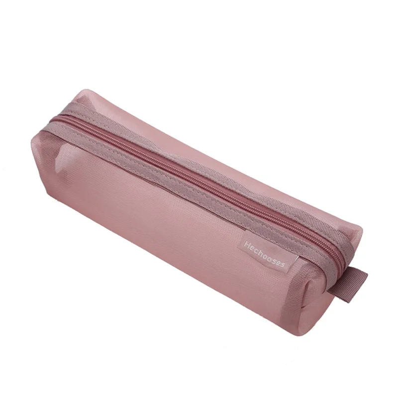 HE CHOOSES D037 Large Square Mesh Pencil Bag Nylon Stationery Storage Bag - Deep Pink