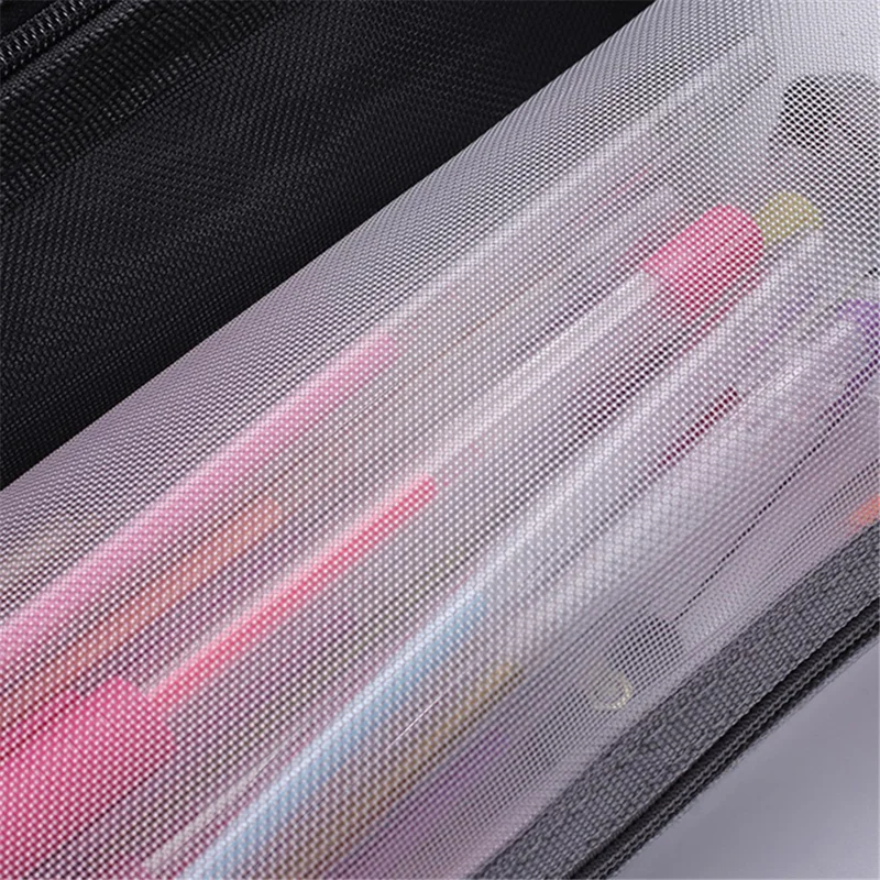 HE CHOOSES D037 Large Square Mesh Pencil Bag Nylon Stationery Storage Bag - Deep Pink