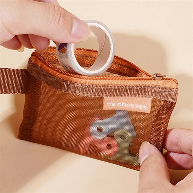 HE CHOOSES D013 Nylon Coin Purse Square Mesh Storage Bag Mini Zipper Pouch - Caramel Brown