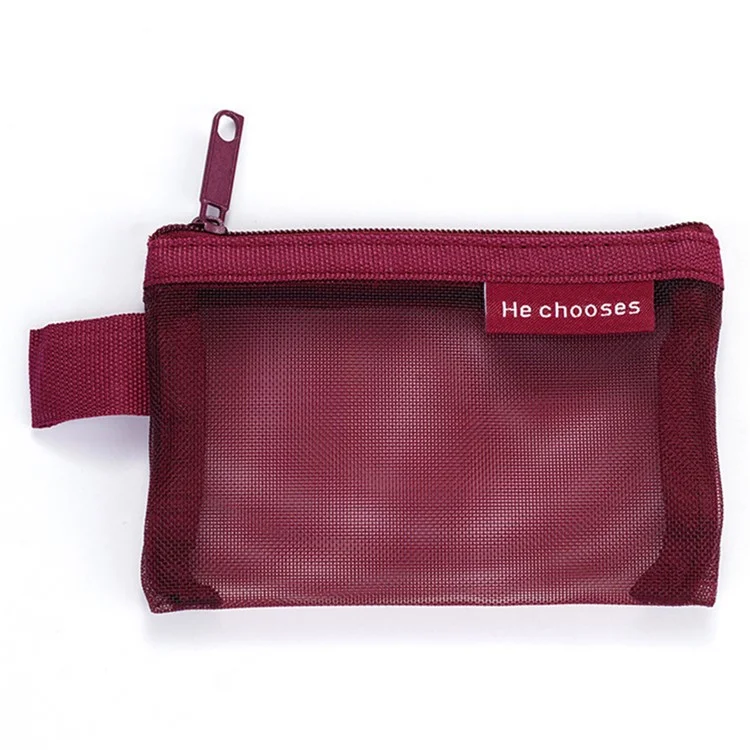 HE CHOOSES D013 Nylon Coin Purse Square Mesh Storage Bag Mini Zipper Pouch - Wine Red
