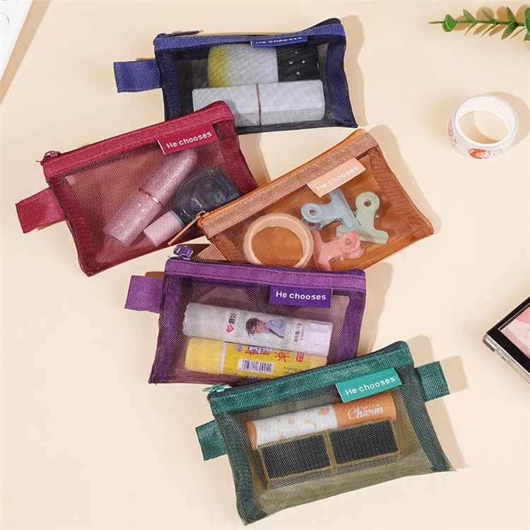HE CHOOSES D013 Nylon Coin Purse Square Mesh Storage Bag Mini Zipper Pouch - Wine Red