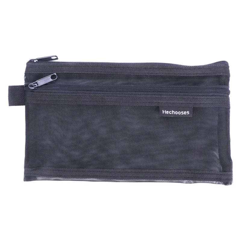 HE CHOOSES D005 Double Layer Nylon Mesh Student Stationery Storage Bag - Black