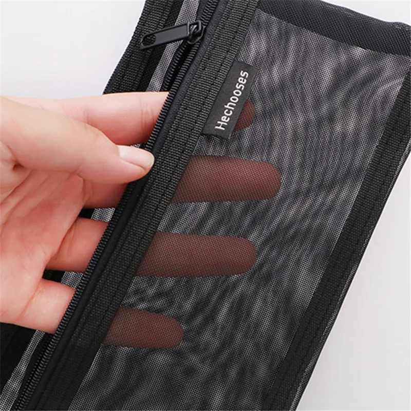 HE CHOOSES D005 Double Layer Nylon Mesh Student Stationery Storage Bag - Black