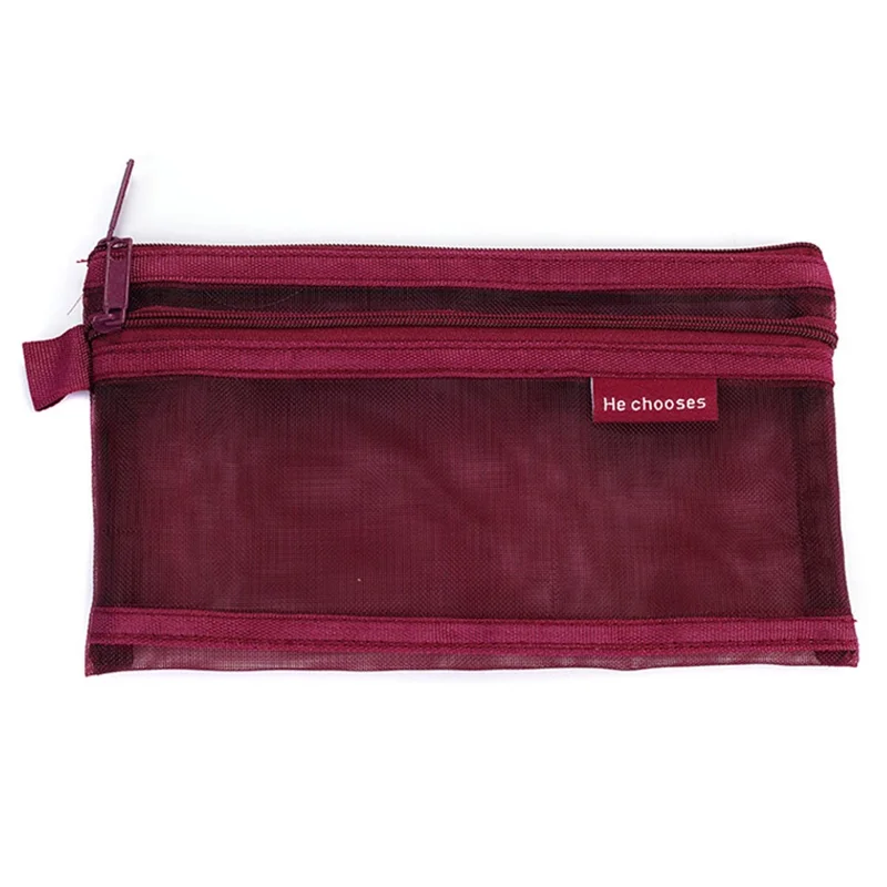 HE CHOOSES D005 Double Layer Nylon Mesh Student Stationery Storage Bag - Wine Red