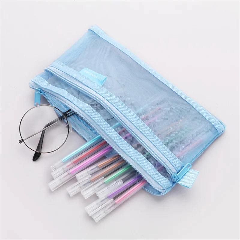HE CHOOSES D005 Double Layer Nylon Mesh Student Stationery Storage Bag - Wine Red
