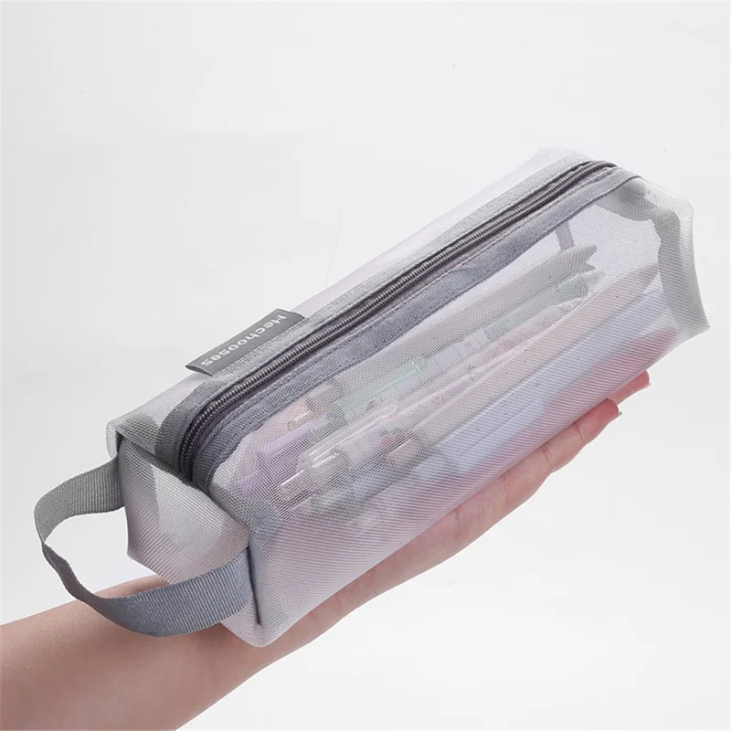 HE CHOOSES D048 Nylon Mesh Student Pencil Stationery Storage Bag with Hand Strap - Grey