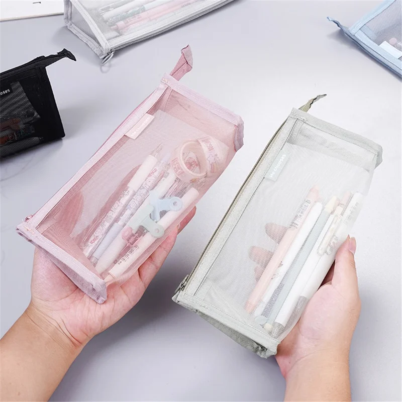 D002 Zipper Pencil Case Clear Mesh Pencil Pouch Stationery Cosmetic Nylon Storage Bag - Red