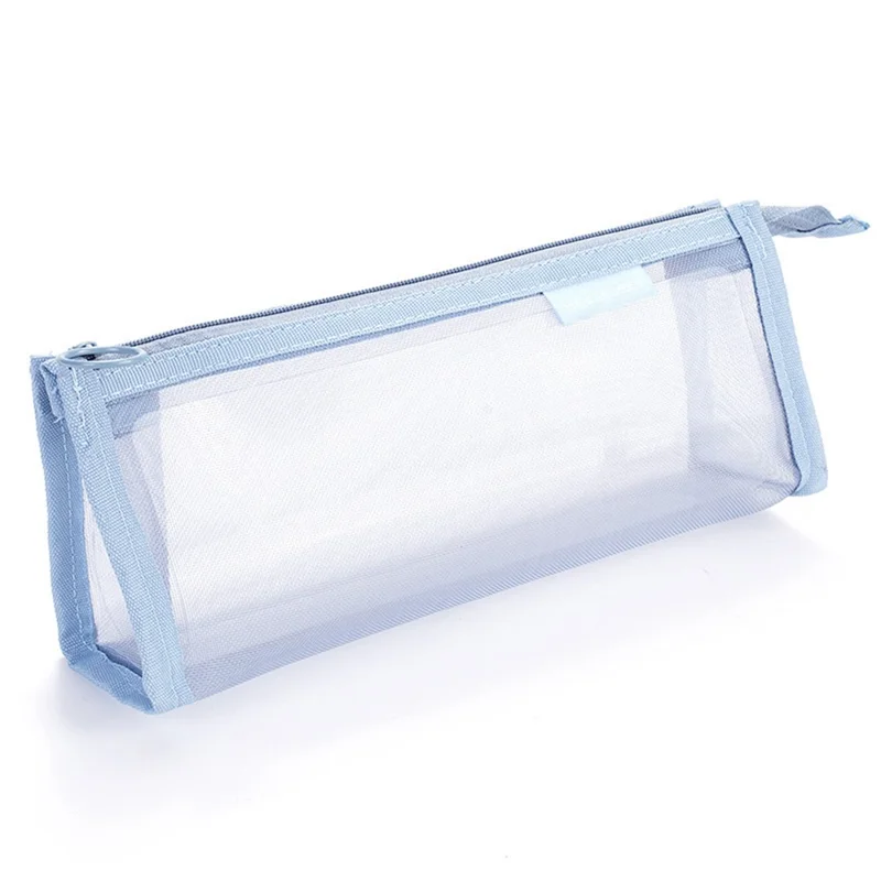 D002 Zipper Pencil Case Clear Mesh Pencil Pouch Stationery Cosmetic Nylon Storage Bag - Blue