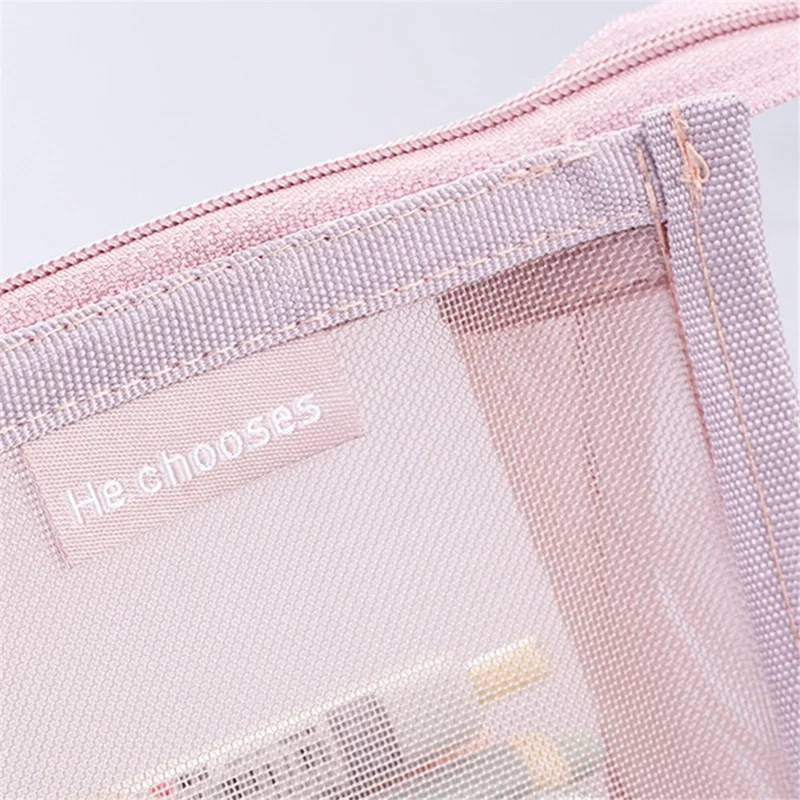 D002 Zipper Pencil Case Clear Mesh Pencil Pouch Stationery Cosmetic Nylon Storage Bag - Blue