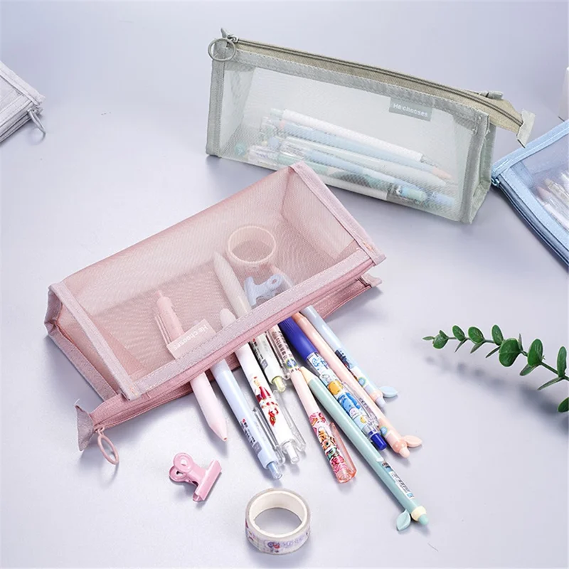 D002 Zipper Pencil Case Clear Mesh Pencil Pouch Stationery Cosmetic Nylon Storage Bag - Blue