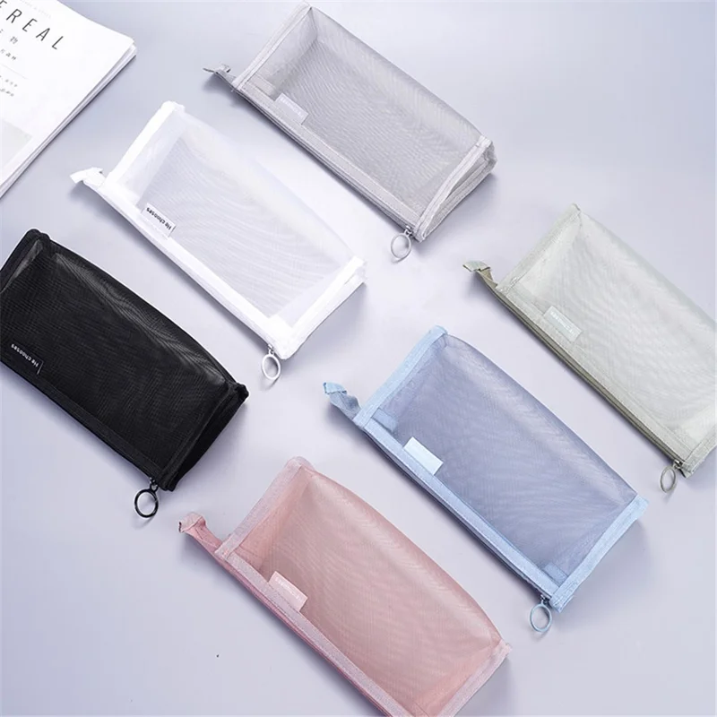 D002 Zipper Pencil Case Clear Mesh Pencil Pouch Stationery Cosmetic Nylon Storage Bag - Blue