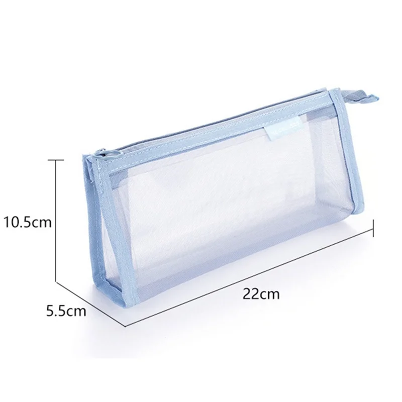 D002 Zipper Pencil Case Clear Mesh Pencil Pouch Stationery Cosmetic Nylon Storage Bag - Blue