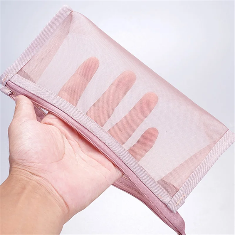 D002 Zipper Pencil Case Clear Mesh Pencil Pouch Stationery Cosmetic Nylon Storage Bag - Matcha Green