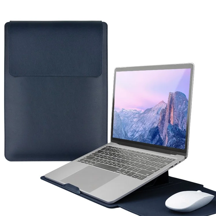 13-inch PU Leather Laptop Bag with Adjustable Stand Notebook Sleeve - Navy Blue