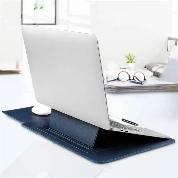 13-inch PU Leather Laptop Bag with Adjustable Stand Notebook Sleeve - Navy Blue