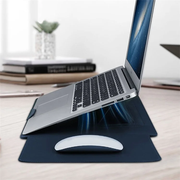13-inch PU Leather Laptop Bag with Adjustable Stand Notebook Sleeve - Navy Blue