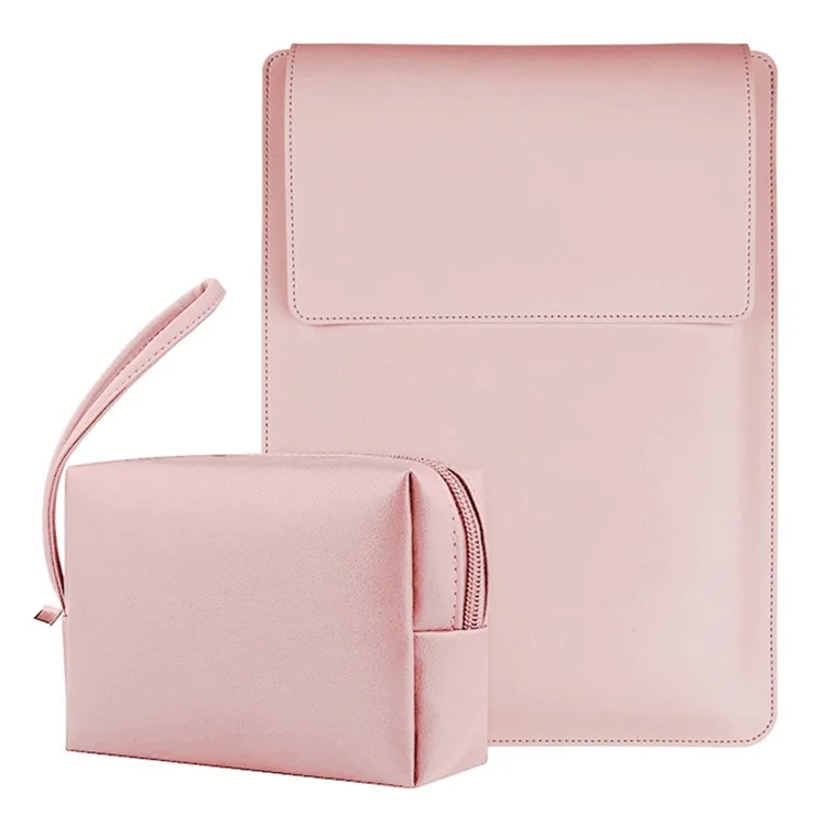 13-inch Anti-Scratch PU Leather Laptop Bag with Adjustable Stand + Small Bag - Pink