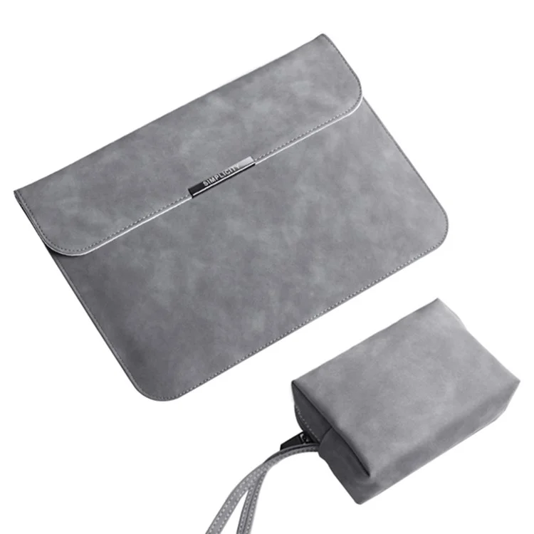 16-inch Horizontal Laptop Bag PU Leather Soft Lining Notebook Sleeve + Small Bag - Grey