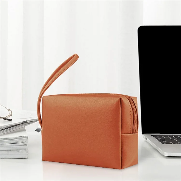 PU Leather Storage Bag Electronic Accessory Organizer with Hand Strap - Brown