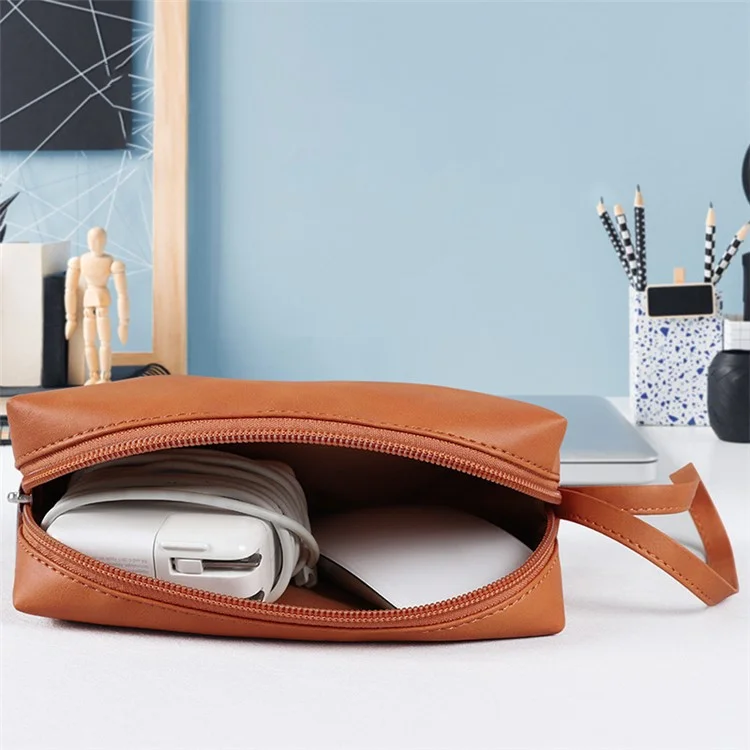 PU Leather Storage Bag Electronic Accessory Organizer with Hand Strap - Brown