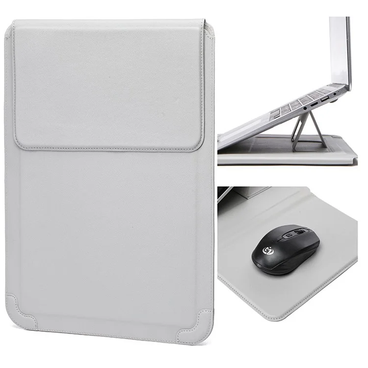 15-16 inch Laptop Sleeve Case PU Leather Ultra Thin Carrying Bag with Folding Stand - Grey