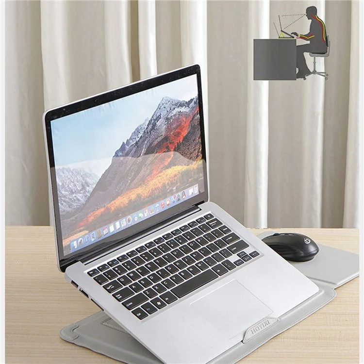 15-16 inch Laptop Sleeve Case PU Leather Ultra Thin Carrying Bag with Folding Stand - Grey