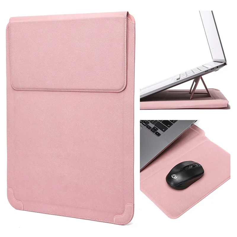 15-16 inch Laptop Sleeve Case PU Leather Ultra Thin Carrying Bag with Folding Stand - Matte Pink