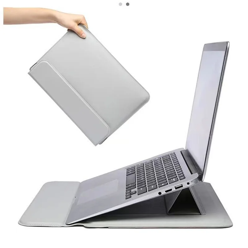 15-16'' Leather Laptop Sleeve Ultra-Slim Computer Carrying Case with Foldable Stand and Soft Inner Lining - Blackish Green