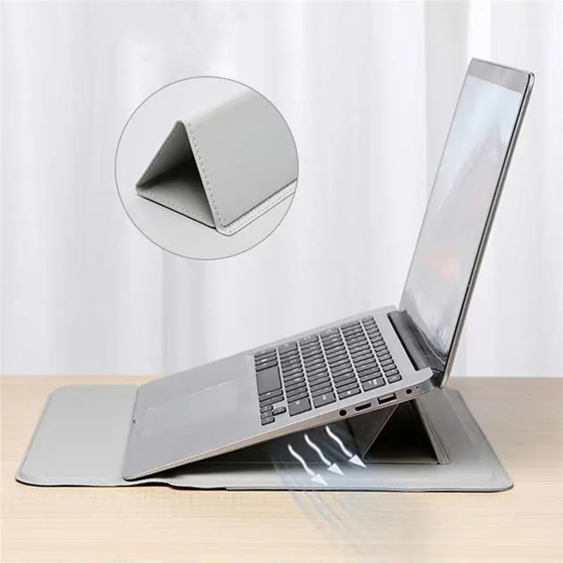 15-16'' Leather Laptop Sleeve Ultra-Slim Computer Carrying Case with Foldable Stand and Soft Inner Lining - Blackish Green