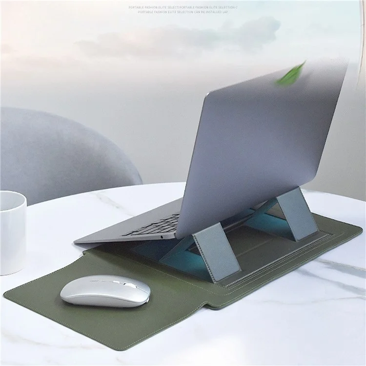 15.4-15.6 inch Notebook Carrying Bag Fold Laptop Stand Slim PU Leather Waterproof Sleeve Case - Army Green