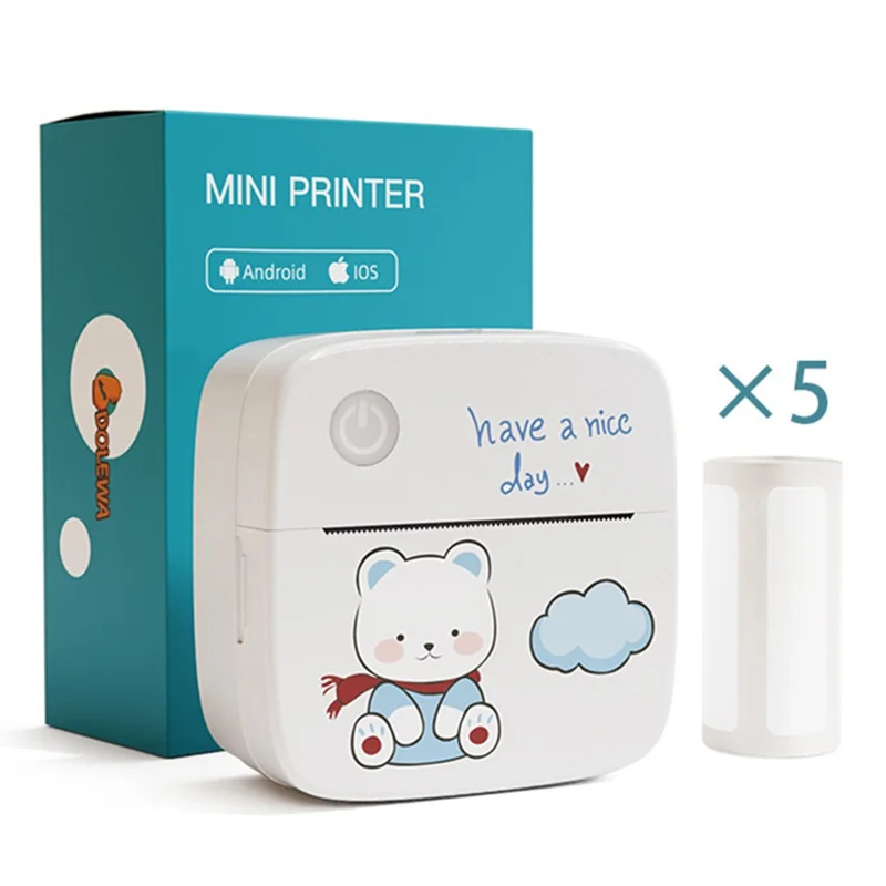 LX-D2 Mini Printer Bluetooth-compatible Connection with English Labels+5 Rolls 15mm Paper - Blue