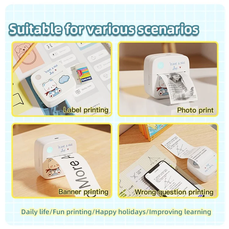LX-D2 Bluetooth-compatible Photo Picture Smart Mini Printer with English Labels+5 Rolls 30mm Paper - Blue