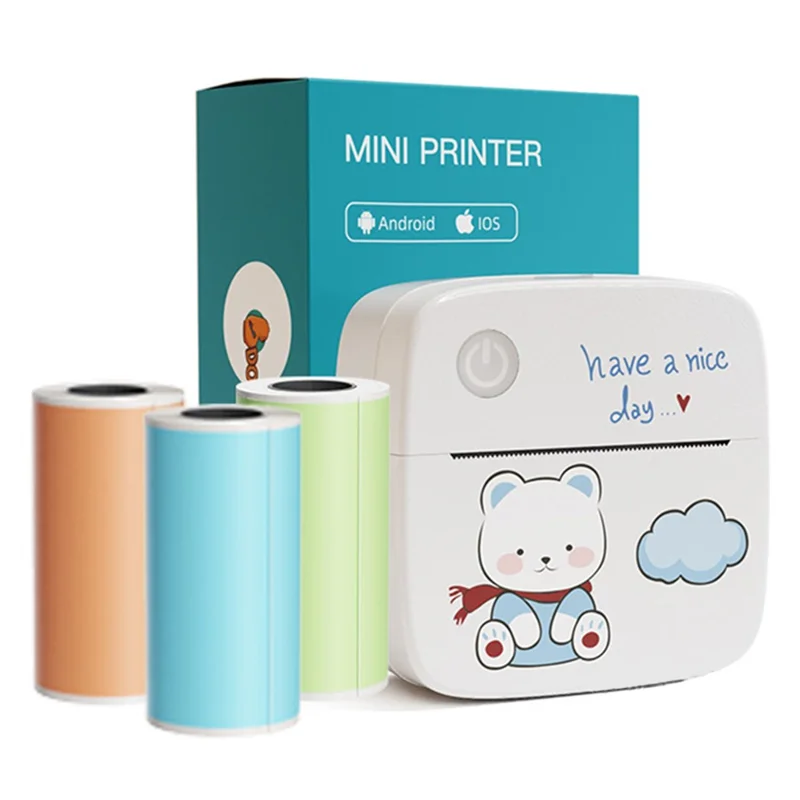 LX-D2 Thermal Inkless Mini Printer with English Labels+3 Rolls Colored Sticker Paper - Blue