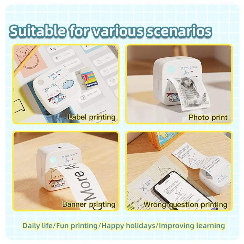 LX-D2 Thermal Inkless Mini Printer with English Labels+3 Rolls Colored Sticker Paper - Blue