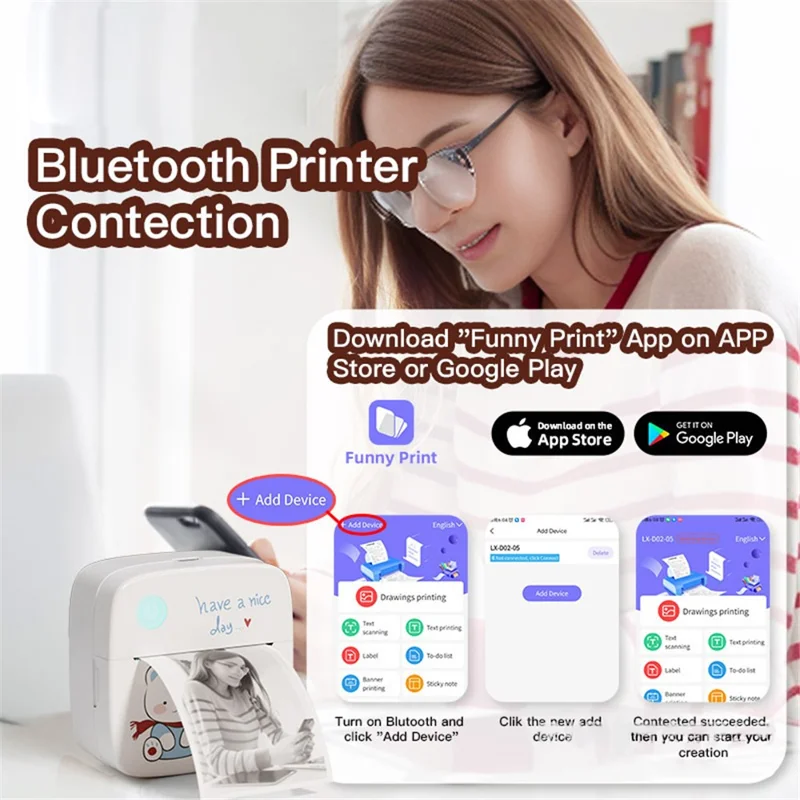 LX-D2 Thermal Inkless Mini Printer with English Labels+3 Rolls Colored Sticker Paper - Blue