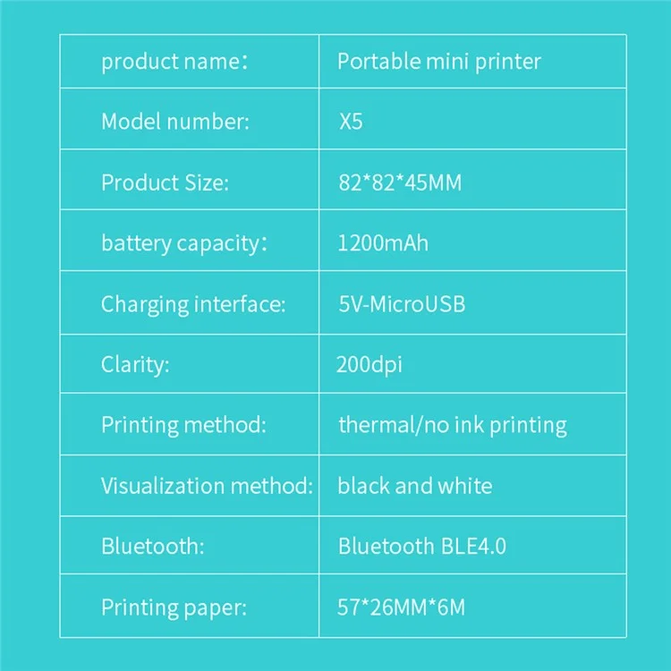X5 Thermal Photo Printer Pocket Label Maker 200DPI Wireless Receipt Printer