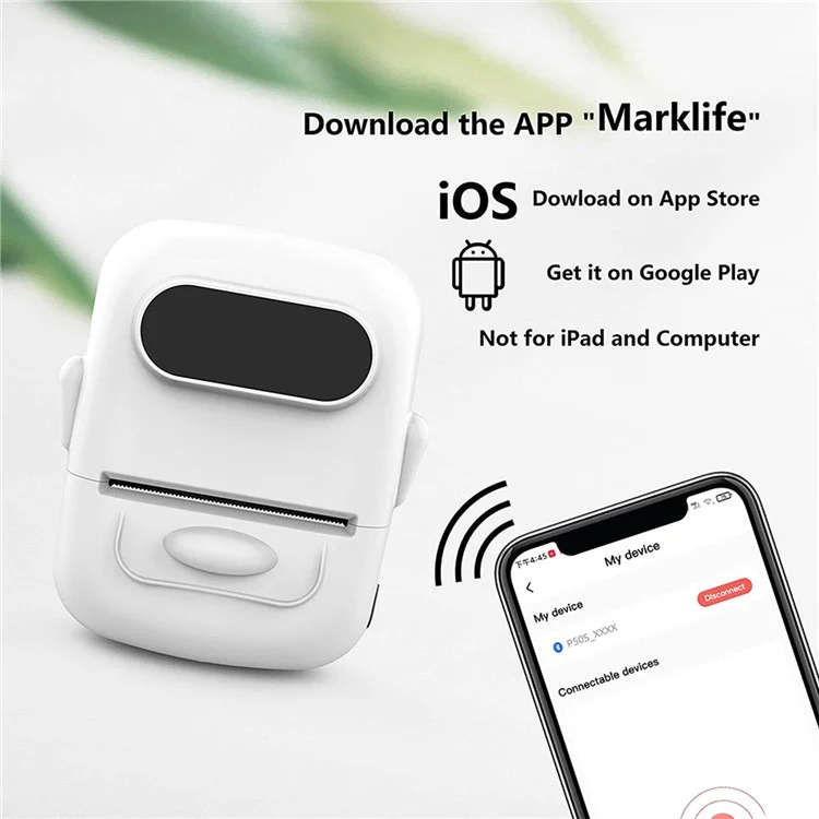 Marklife P50 Mini Bluetooth Thermal Label Imprimante Avec un Papier D'impression 1 Rouleau - Blanc