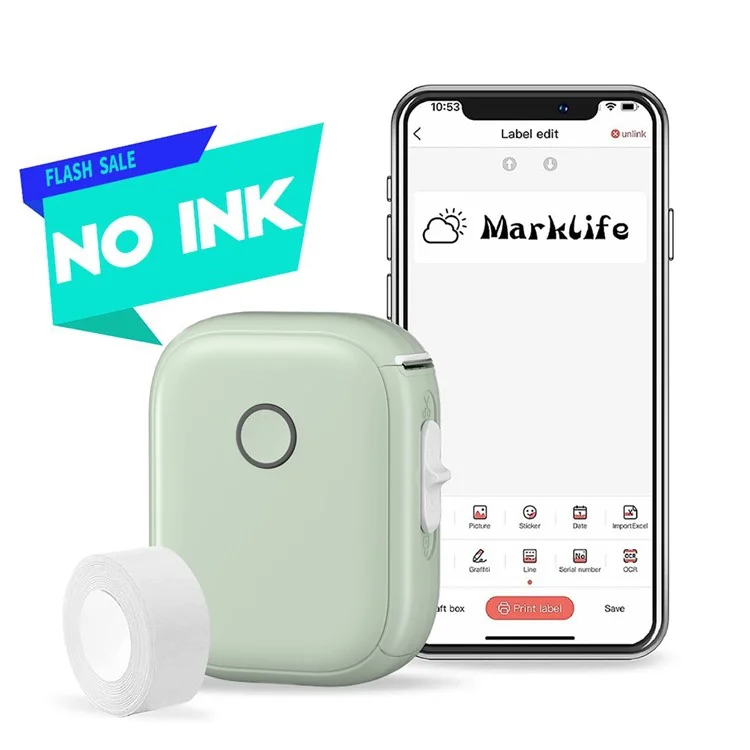 Marklife P12 Thermal Label Imprimante Avec Papier D'impression, 1200mAh Portable Mini Imprimante - Vert