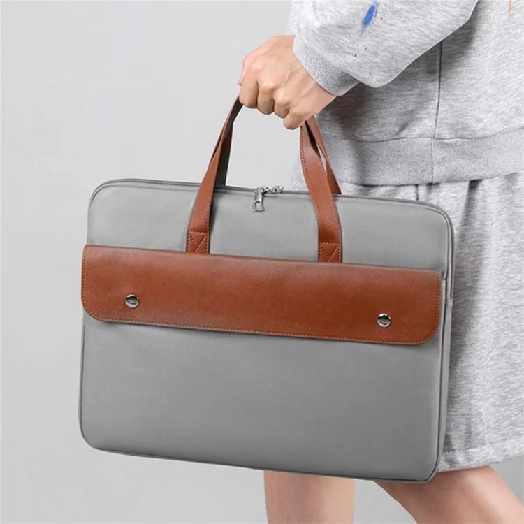 15.6 Inch Laptop Briefcase Splicing Color PU Leather Water Repellent Computer Carrying Bag - Grey
