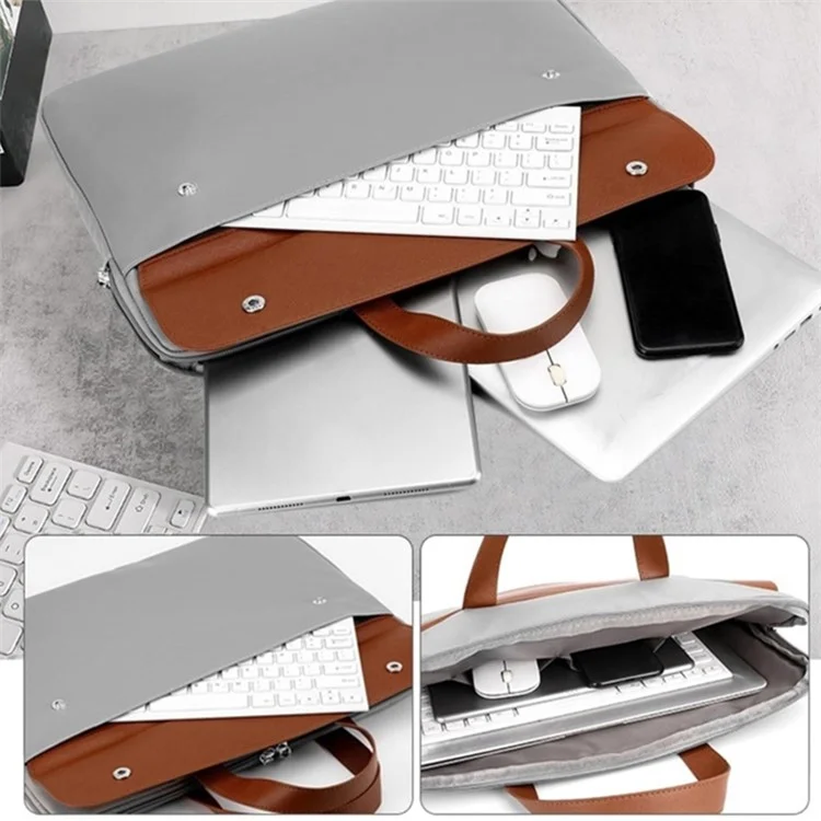 15.6 Inch Laptop Briefcase Splicing Color PU Leather Water Repellent Computer Carrying Bag - Grey
