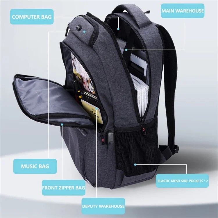 Victoriatourist V906 USB 17,3 Polegadas Backpack Backpack Viagem Dual Saco de Ombro Com Porta Usb, Versão Atualizada - Cinza