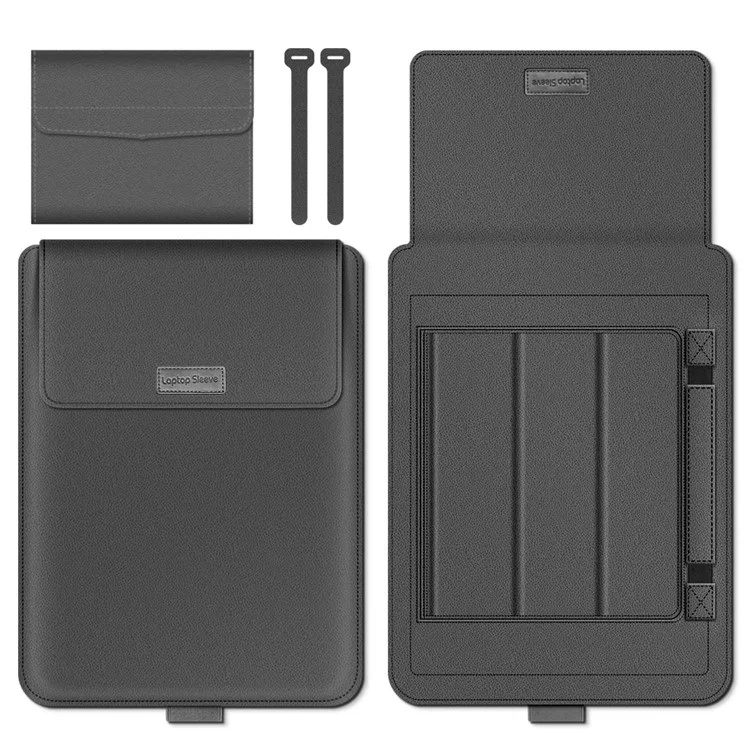 16-17 inch Laptop Sleeve Bag PU Leather Notebook Carrying Pouch with Mouse Bag and Cable Bundle Straps - Grey