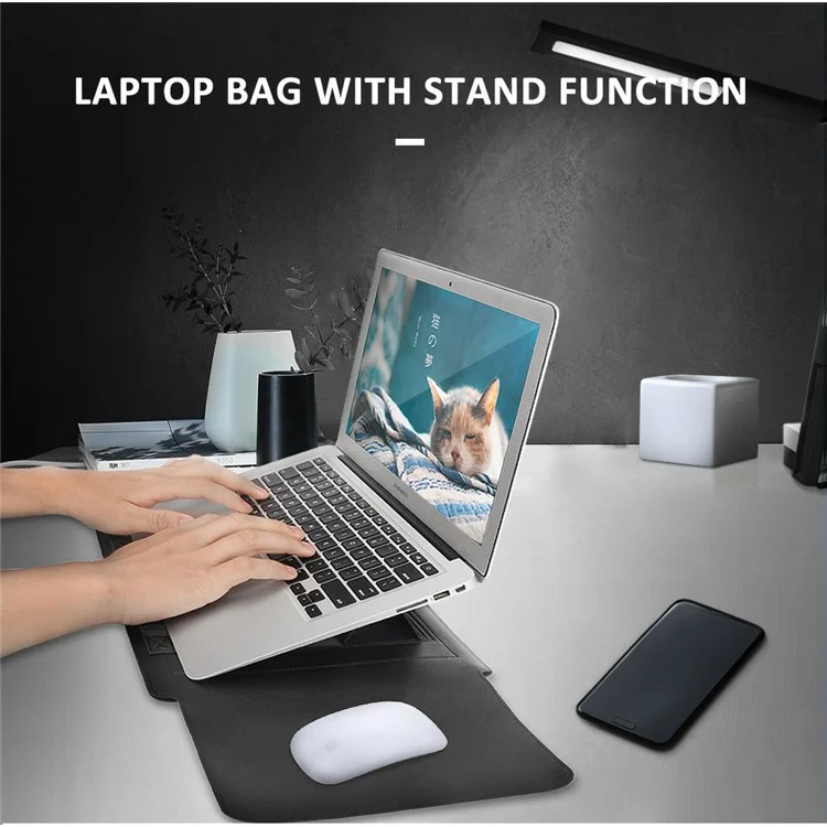 16-17 inch Laptop Sleeve Bag PU Leather Notebook Carrying Pouch with Mouse Bag and Cable Bundle Straps - Grey