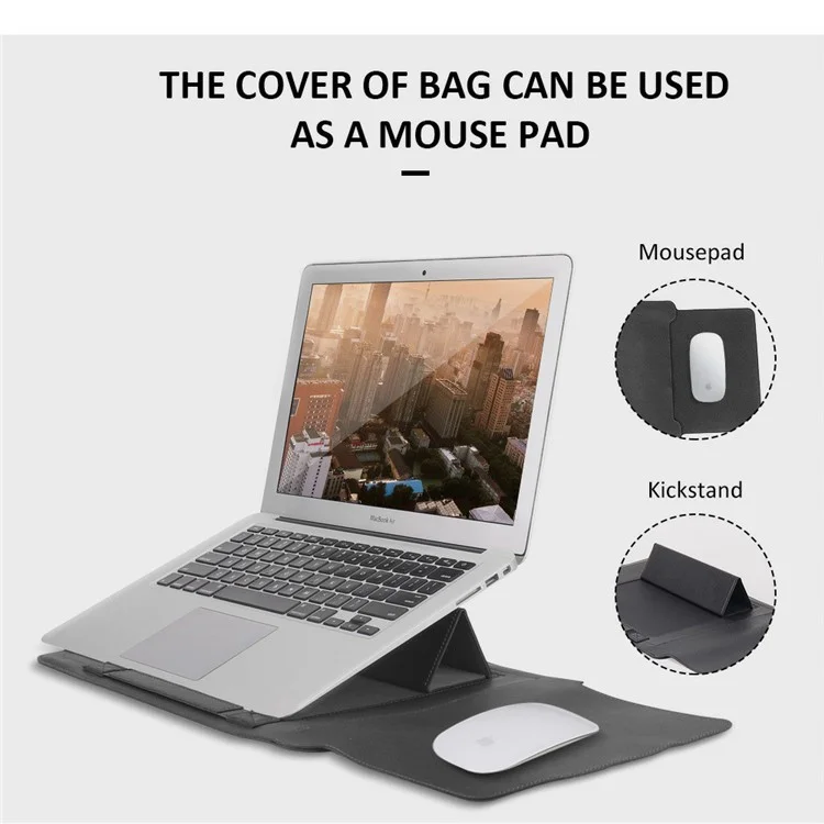 16-17 inch Laptop Sleeve Bag PU Leather Notebook Carrying Pouch with Mouse Bag and Cable Bundle Straps - Grey