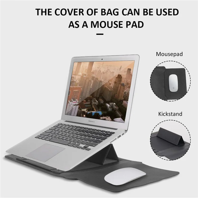 16-17 inch Laptop Sleeve Bag PU Leather Notebook Carrying Pouch with Mouse Bag and Cable Bundle Straps - Grey